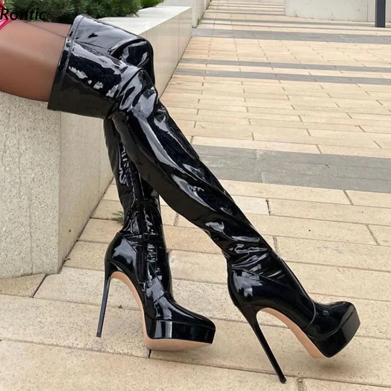 

Rontic New Women Spring Crotch Boots Patent Leather Sexy Stiletto Heels Round Toe Classics Black Night Club Shoes US Size 5-20