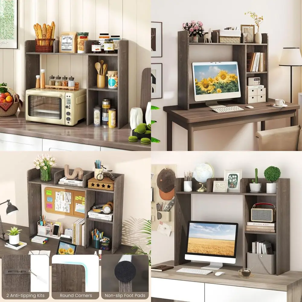

Multipurpose Wooden Desk Hutch with 5 Shelves for Up to 27 Monitor, Countertop Storage Rack for Home Office (Grey)