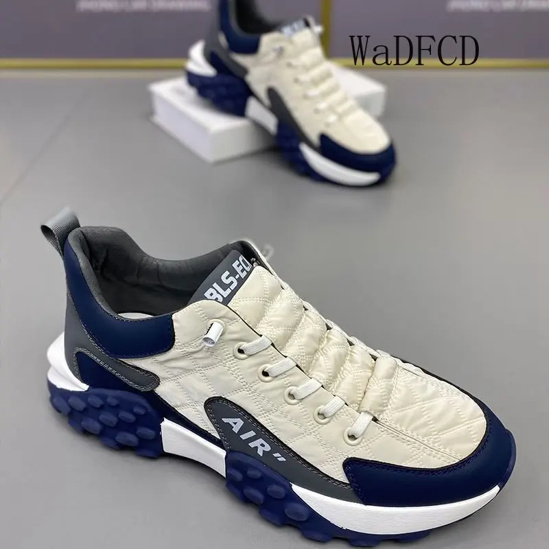 Chunky Sneakers Men Soft Sole Running Shoes Fashion Casual Leather Fabric Breathable Height Increased Flat Platform Board Shoes