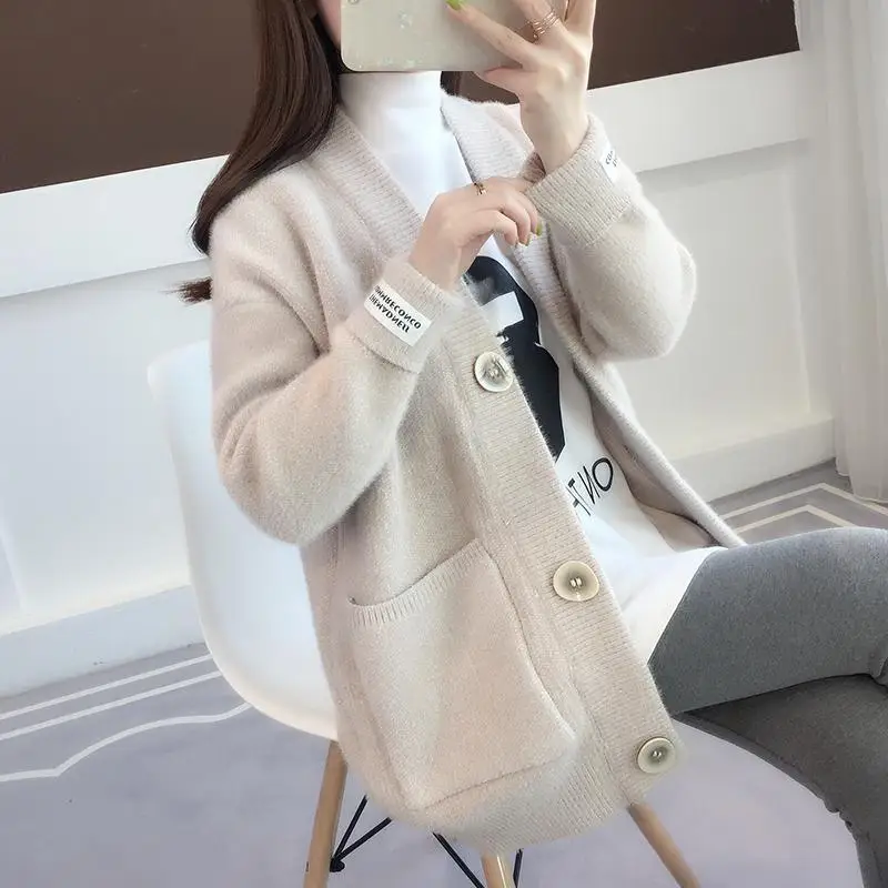 Femme Thick Lazy Style Three-dimensional Label Decorate Cardigan Keep Warm Knitting Sweaters Korean Button Straight Pocket Solid