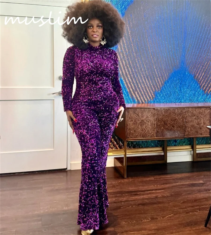 Shiny Purple Evening Dress 2024 High Neck Spark Sequin Jumpsuit Prom Dresses For Black Girls Long Sleeve Plus Size Formal Dress