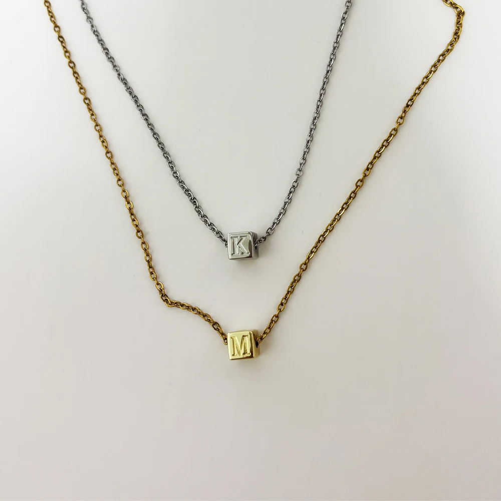 Vintage 6 mm Copper Capital Letter Carved Square Bead Pendant Necklace Women Gold Color Charm Link Chain Collars Accessories