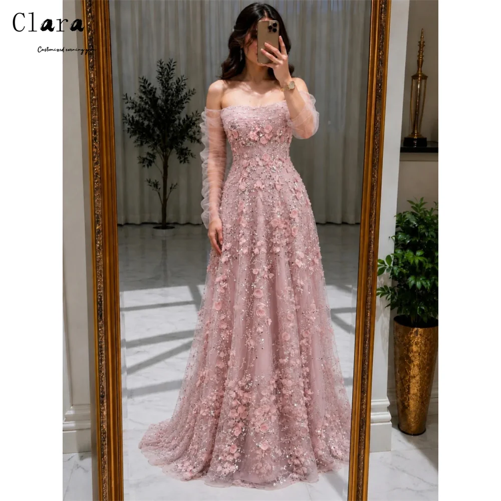 Clara Custom A-line Pink 3D Flowers Lace Dress 2026 Woman Dresses for Wedding Party Dresses Luxury 2026 Evening Gown Elegant New
