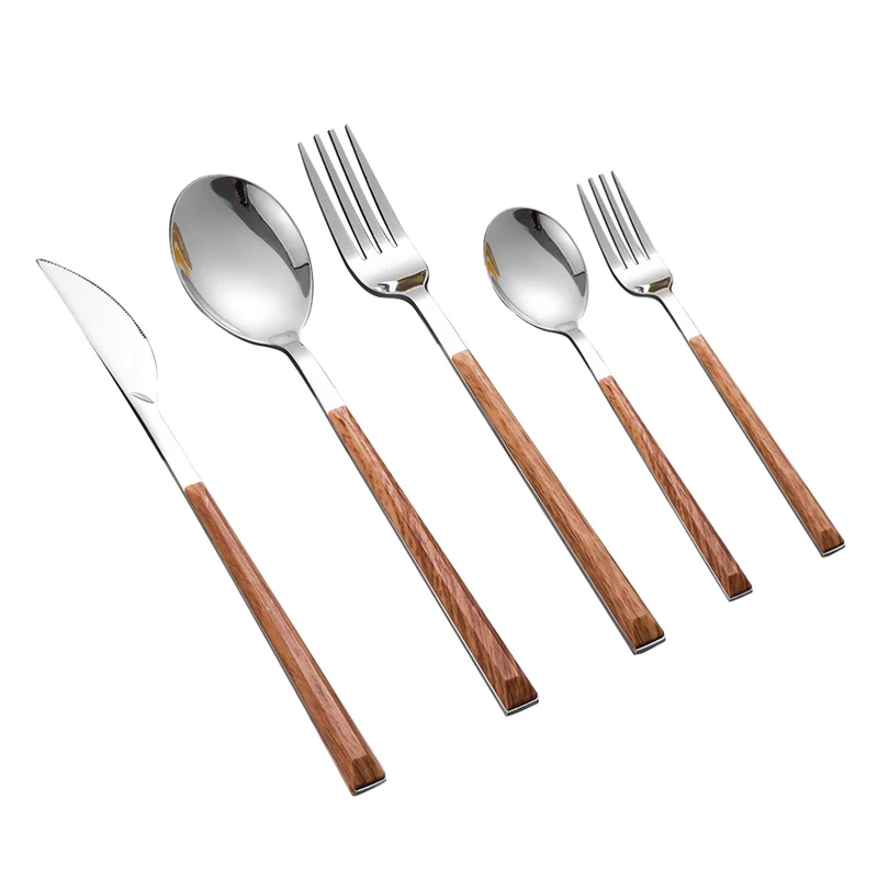 48/40/24/16 Pcs Imitation Wood Handle Cutlery Set Stainless Steel Tableware Dinnerware Set Dinner Knife Fork Spoon Silverware