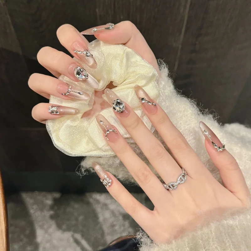 Past Clouds | Glittering Long Almond Coffin Press On Nails Cat Eyes Fake Nails 10pcs Handmade Rhinestone Wearable Nail Tips
