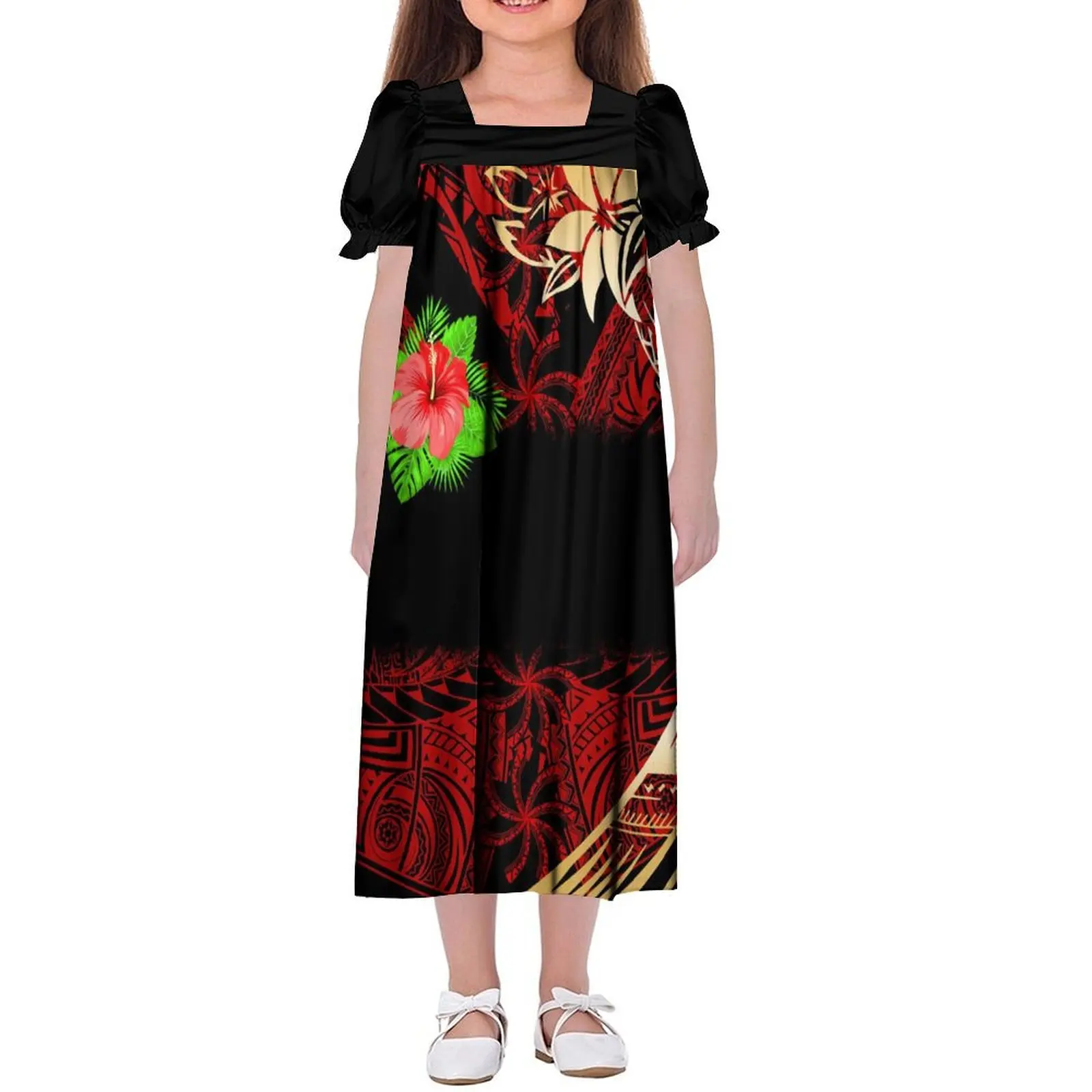 

Girls Dress Kids Mumu Custom Polynesian Hibiscus Flower Design Girls Loose Puffed Sleeve Dress Casual Long Skirt Microsia