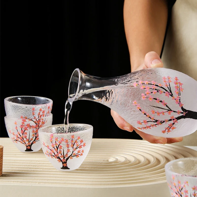 Lead-Free Glass Japanese Style Clear Wine Pot Cherry Blossom Wine Set Hot Wine Warming Vessel For White Wine Pot