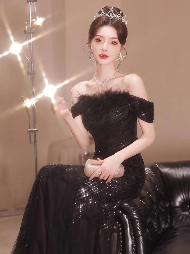 Ele Bla-oulder Evening Gown Women's Luxury Small ence Ball High-End Feel Year End Fi Tail Skirt