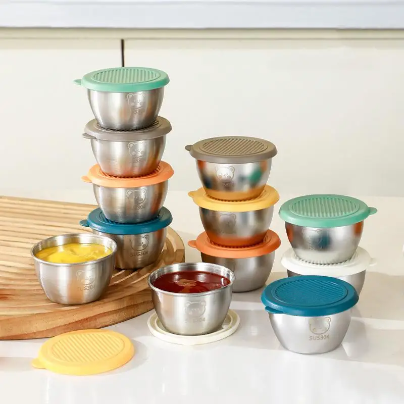 Contenitore per condimenti per insalata da 1/6 pezzi con coperchi in silicone riutilizzabili a tenuta stagna per tazza in acciaio inossidabile da 80 ml per scatola da pranzo e cucina da picnic