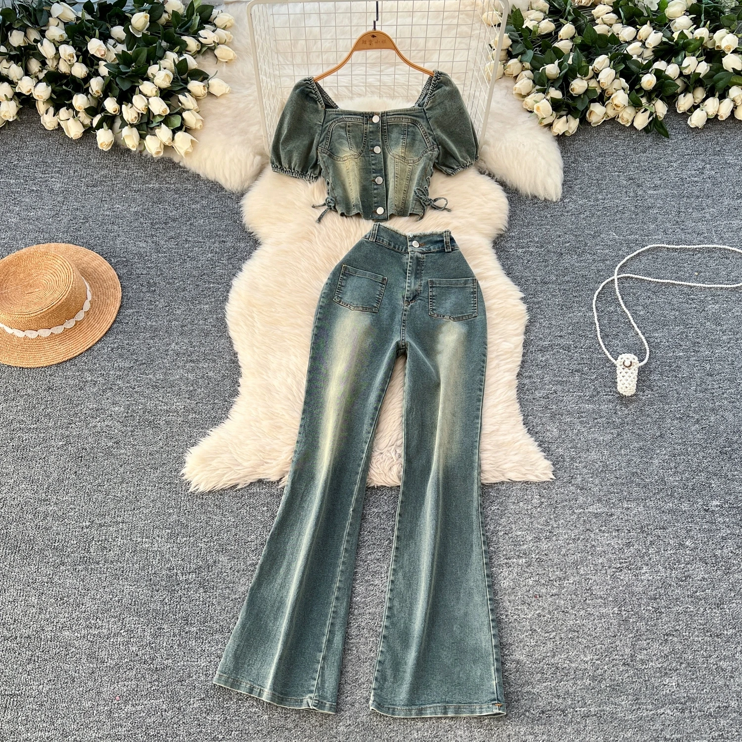 Women Denim Trouser Sets Square Collar Cropped Tops + High-waisted Slim-fit Pants Clothing Suits