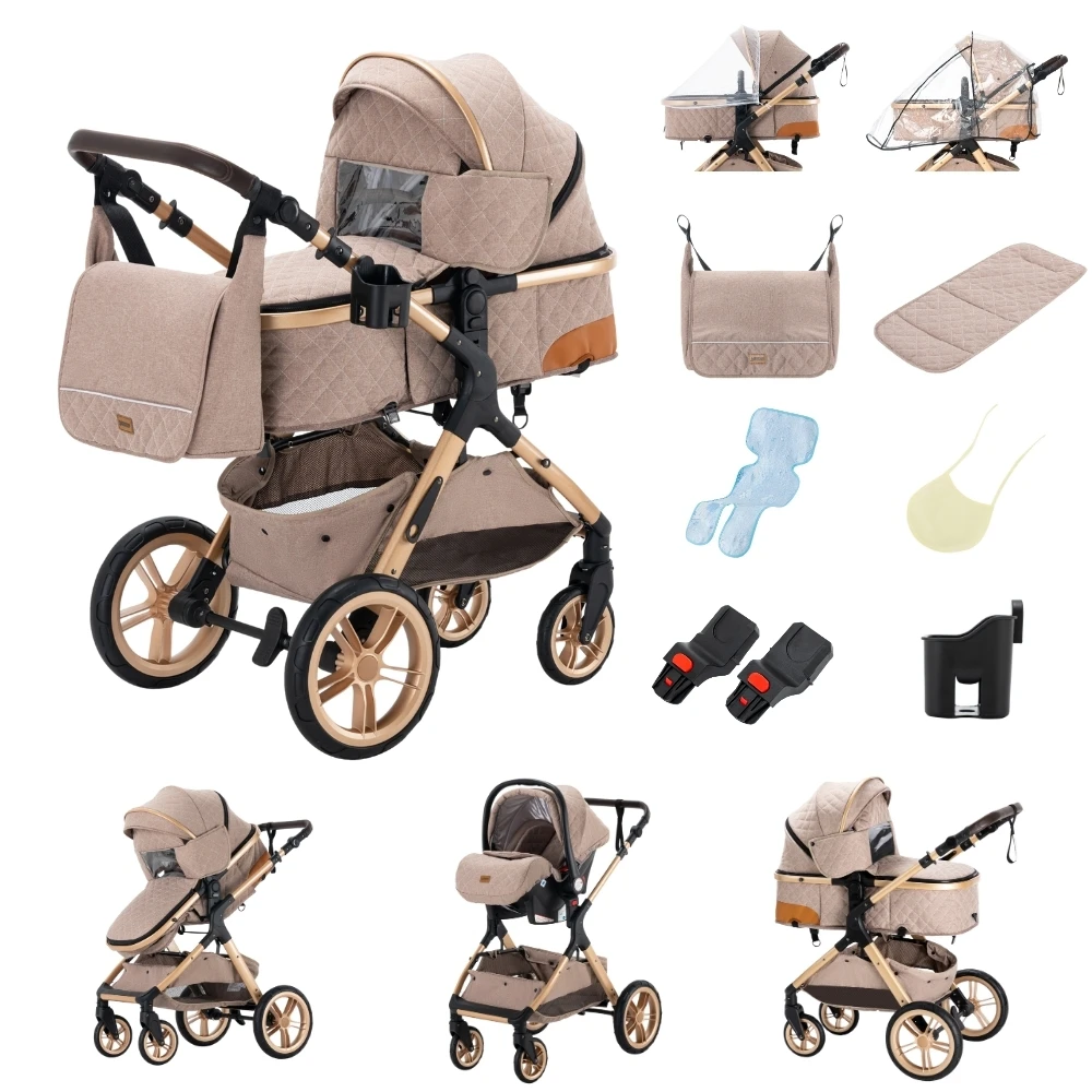 3-in-1 Babywandelwagen, vierwielige kinderwagen, hoge ligging met muskietennet, opvouwbaar, schokbestendig, vierwielige kinderwagen