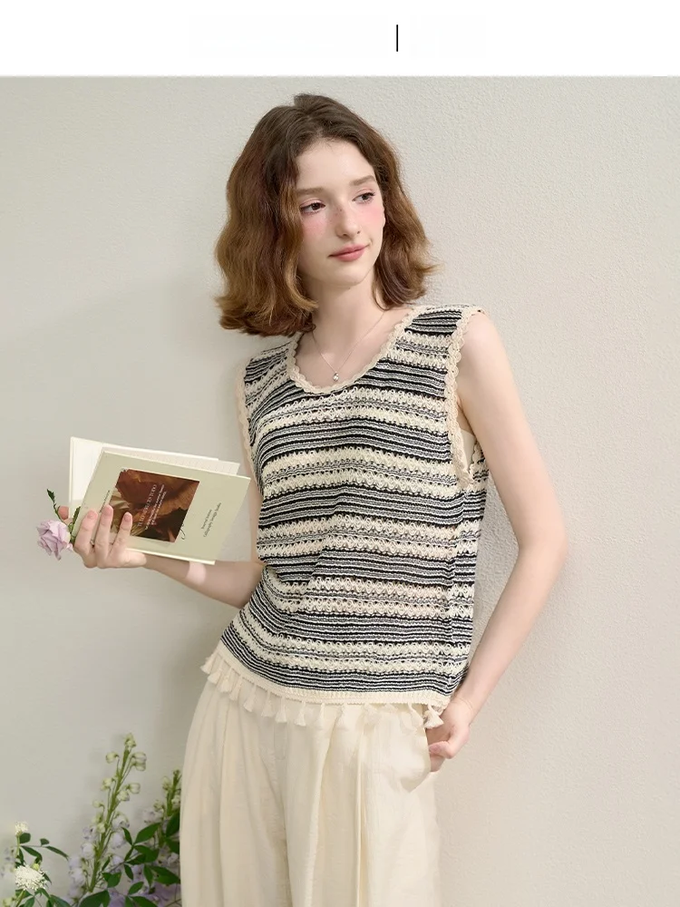

Женский вязаный жилет, лето 2025, новый дизайн с кисточками, круглый топ без рукавов, полосатый узор, повседневная одежда из смеси хлопка