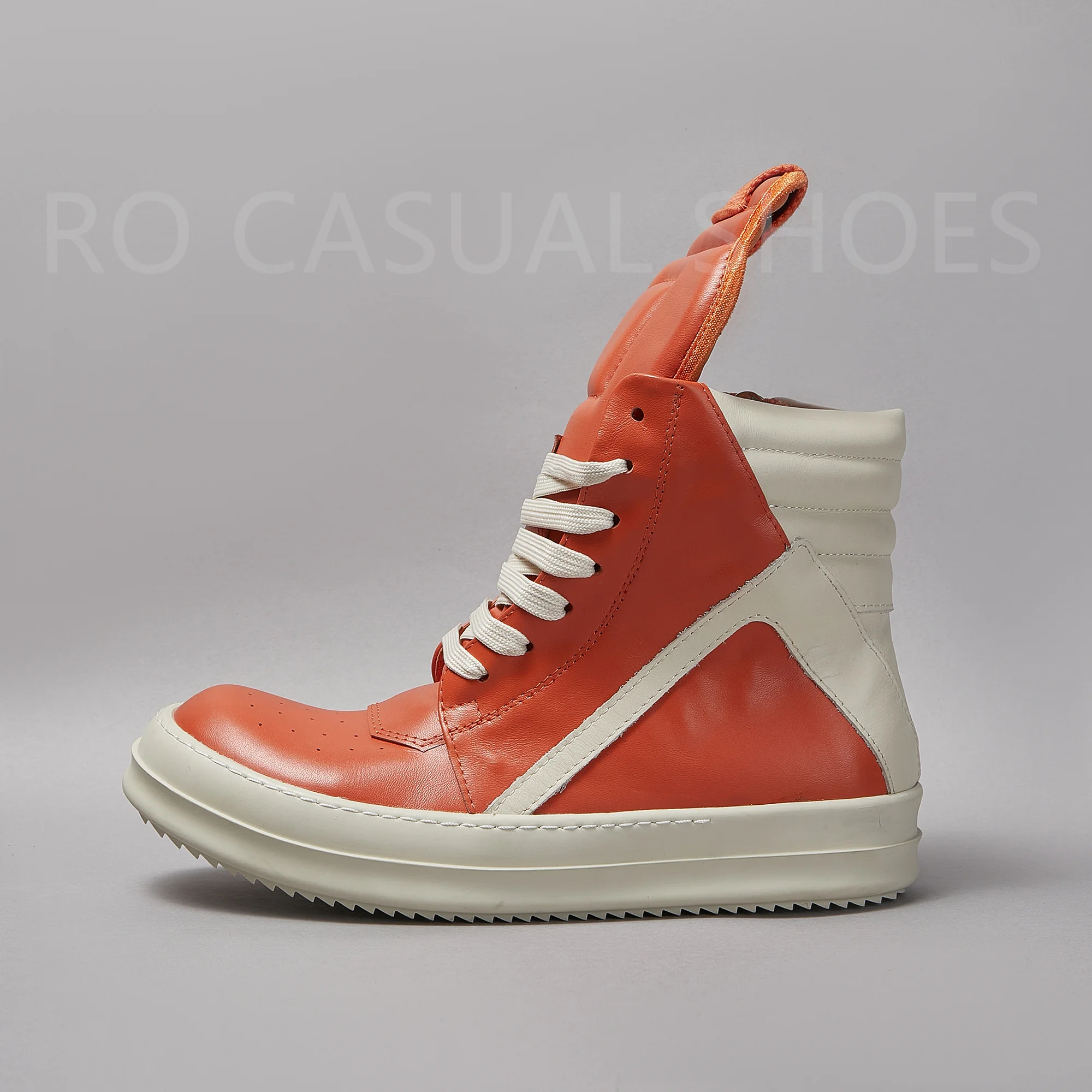 

Ricks Genious Orange Leather High Top Geobasket Owens Quality Men Shoe Zipper Women Sneaker Casual Owens Design boots & Shoes