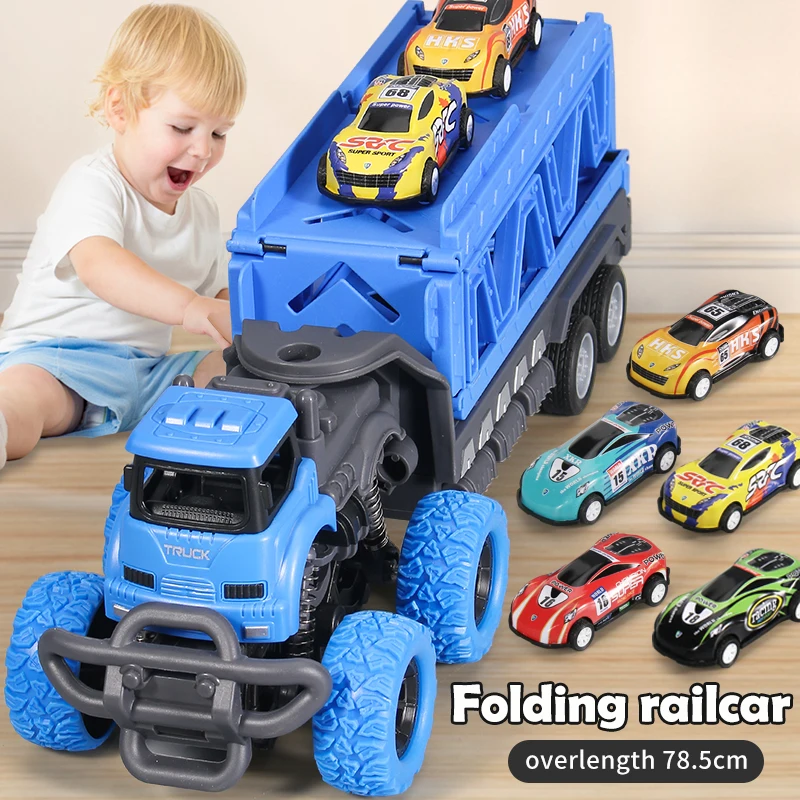 Deformable Rail Car Ejection Folding Big Truck Toys for Kids Container Transporter Playset Children Christmas Birthday Gift