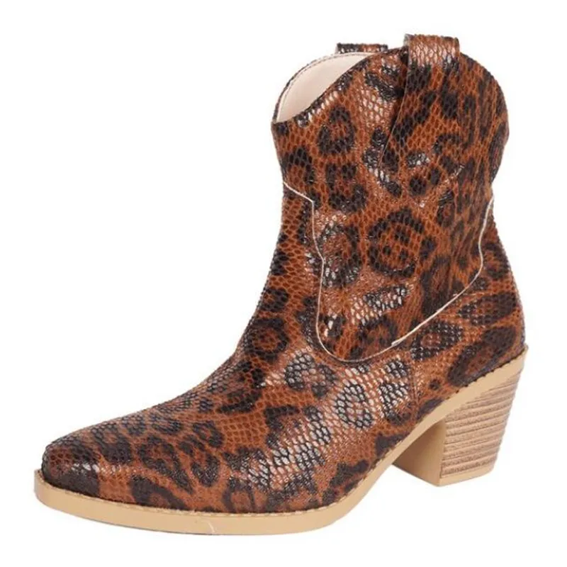 

2025 новые модные осенне-зимние повседневные ковбойские ботильоны в стиле вестерн, женские замшевые ботильоны с леопардовым принтом, короткие туфли на высоком каблуке в стиле ретро
