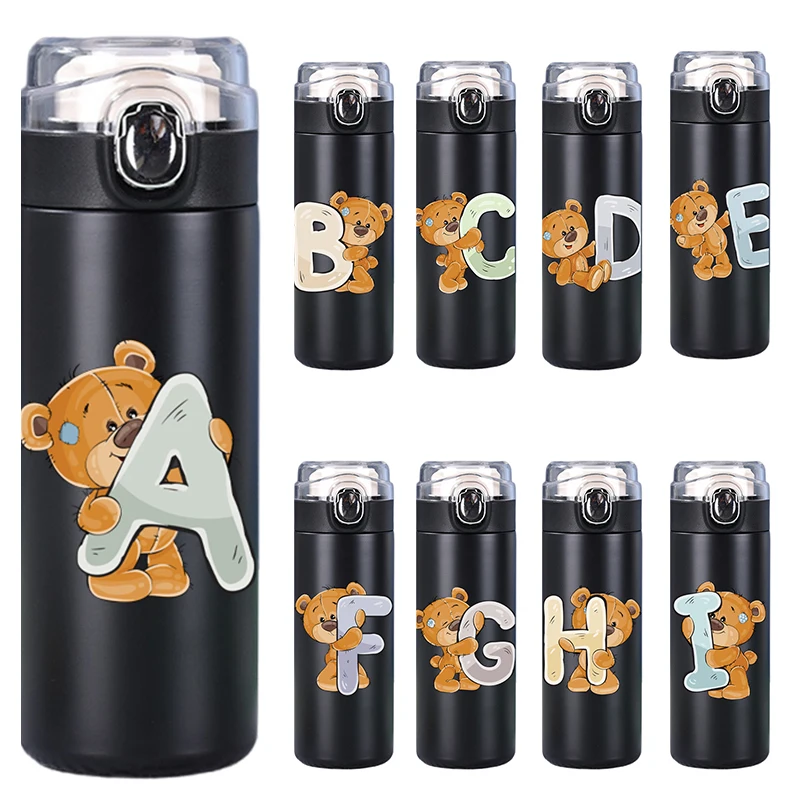 

400ml Lovely Letter Printed Thermos Cup Pocket Cup Stainless Steel Thermal Coffee Cup Vacuum Flask Insulated Water Bottle black