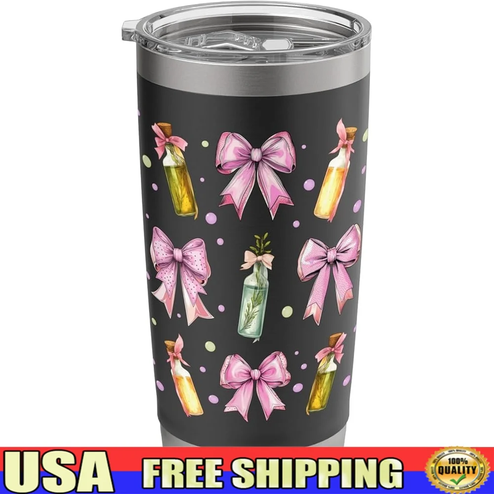 

Coquette Bow Insulated Tumbler Stainless Steel Essential Oil Bottle Leak Proof Lid Hot Cold Drinks Gift Moms