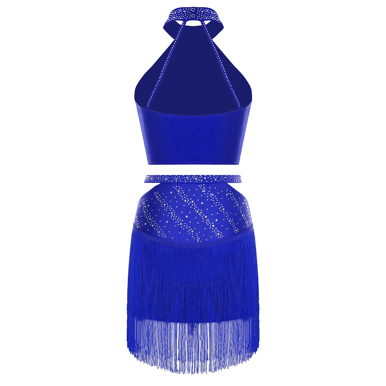 

Women Salsa Rumba Dance Costume Outfit Latin Jazz Sets Sleeveless Rhinestones Ruched Mesh Overlay Crop Top with Tassels Skirt