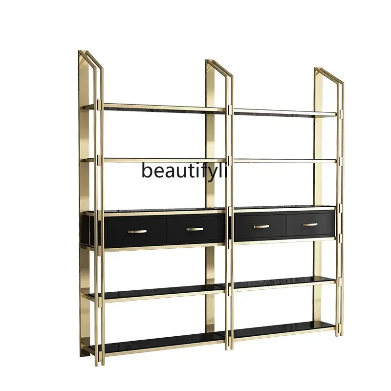 

14 yj Nordic Light Luxury Bookshelf Floor Shelf Living Room Golden Iron Display Rack