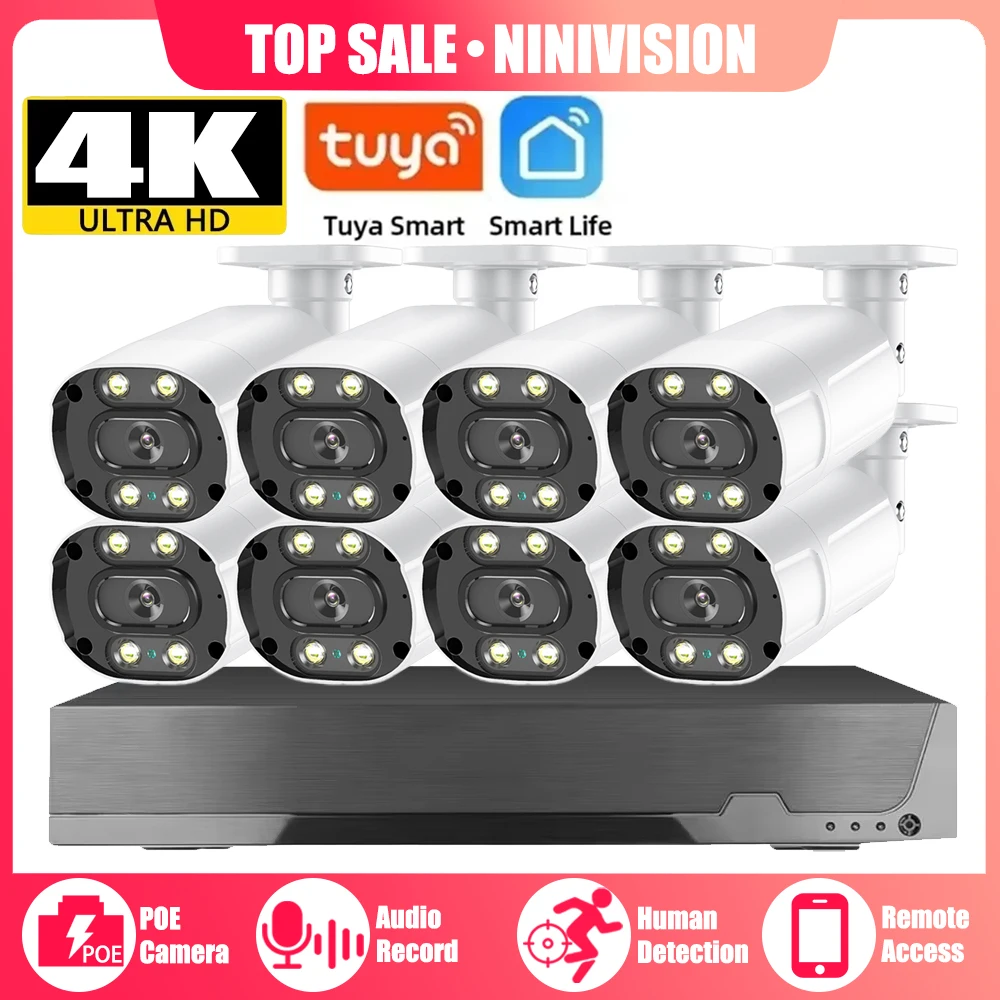 Tuya APP 4K 8CH POE NVR Security Camera System Outdoor Audio 8MP CCTV IP Bullet Camera video Surveillance System 4CH POE NVR Kit