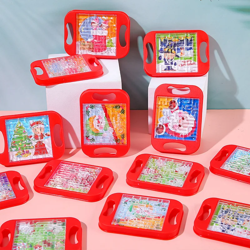 10Pcs Mini Red Santa Claus Snowman Handheld Balance Ball Maze Board Toy for Kids Christmas Party Favors Birthday Pinata Fillers
