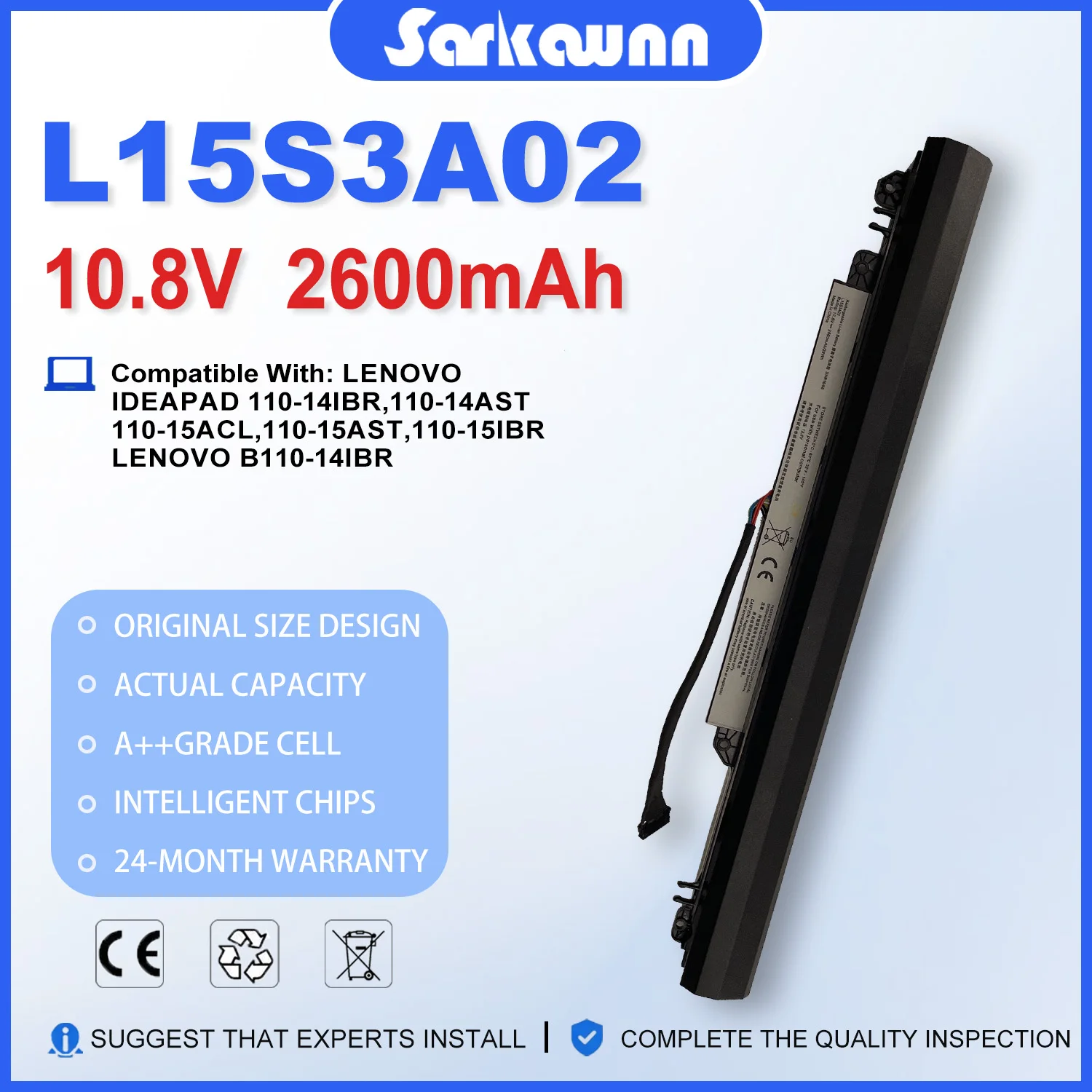 SARKAWNN 10.8V 2200mAh L15S3A02 Laptop Battery for Lenovo IdeaPad 110-14IBR 110-15IBR 110-15ACL 110-15AST