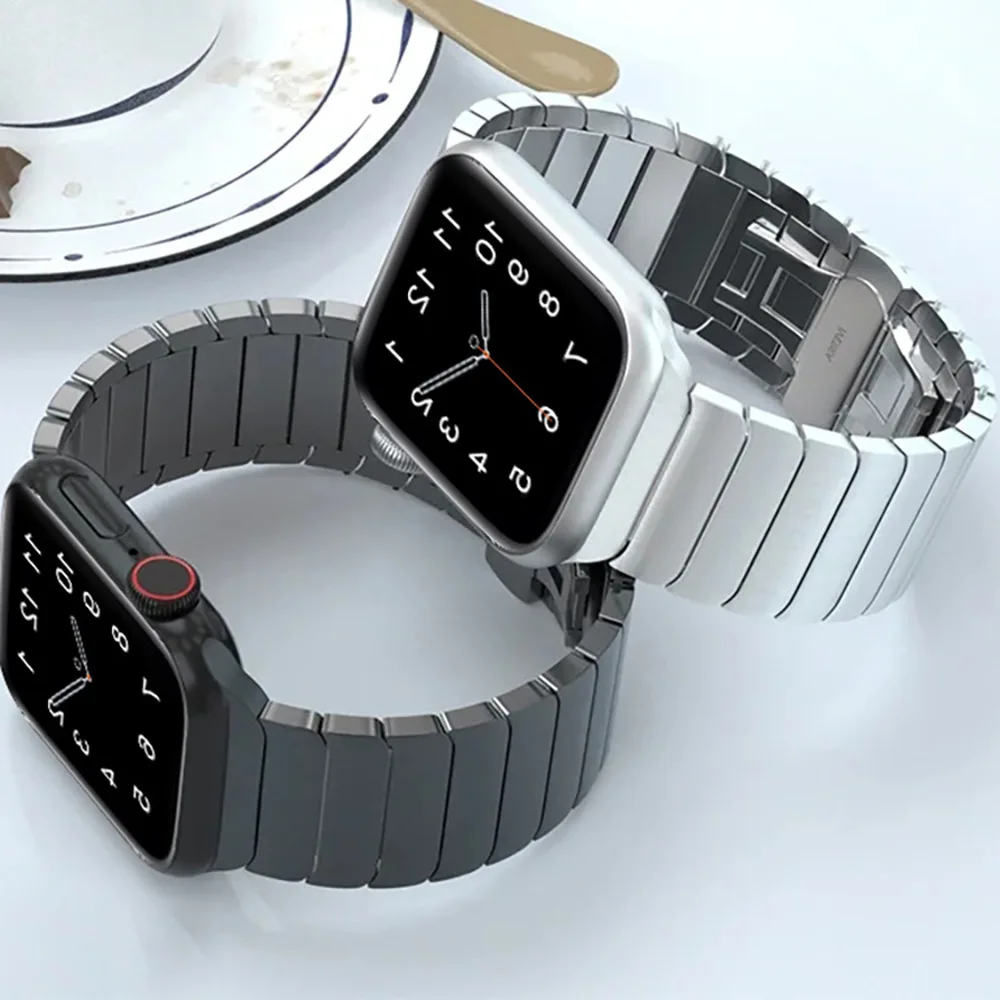 

Suitable for Apple Watch S11 Solid Stainless Steel Metal Butterfly Buckle One Bead Strap for Iwatch