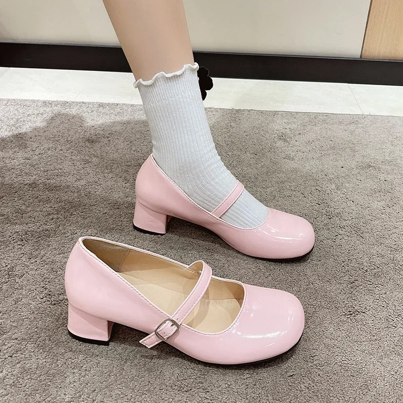 Squaretoed Patent Leather Single Shoes for Women in The Autumn of New Thick Heels with Mary Jane Style French Small Leathershoes