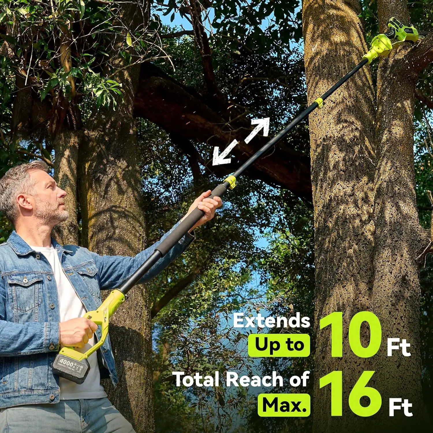 

Electric Pole Saws for Tree Trimming, 8 Inch & 6 Inch Mini Chainsaw Cordless with Extension Pole, 16Ft Reach, 2x4.0Ah Battery, A