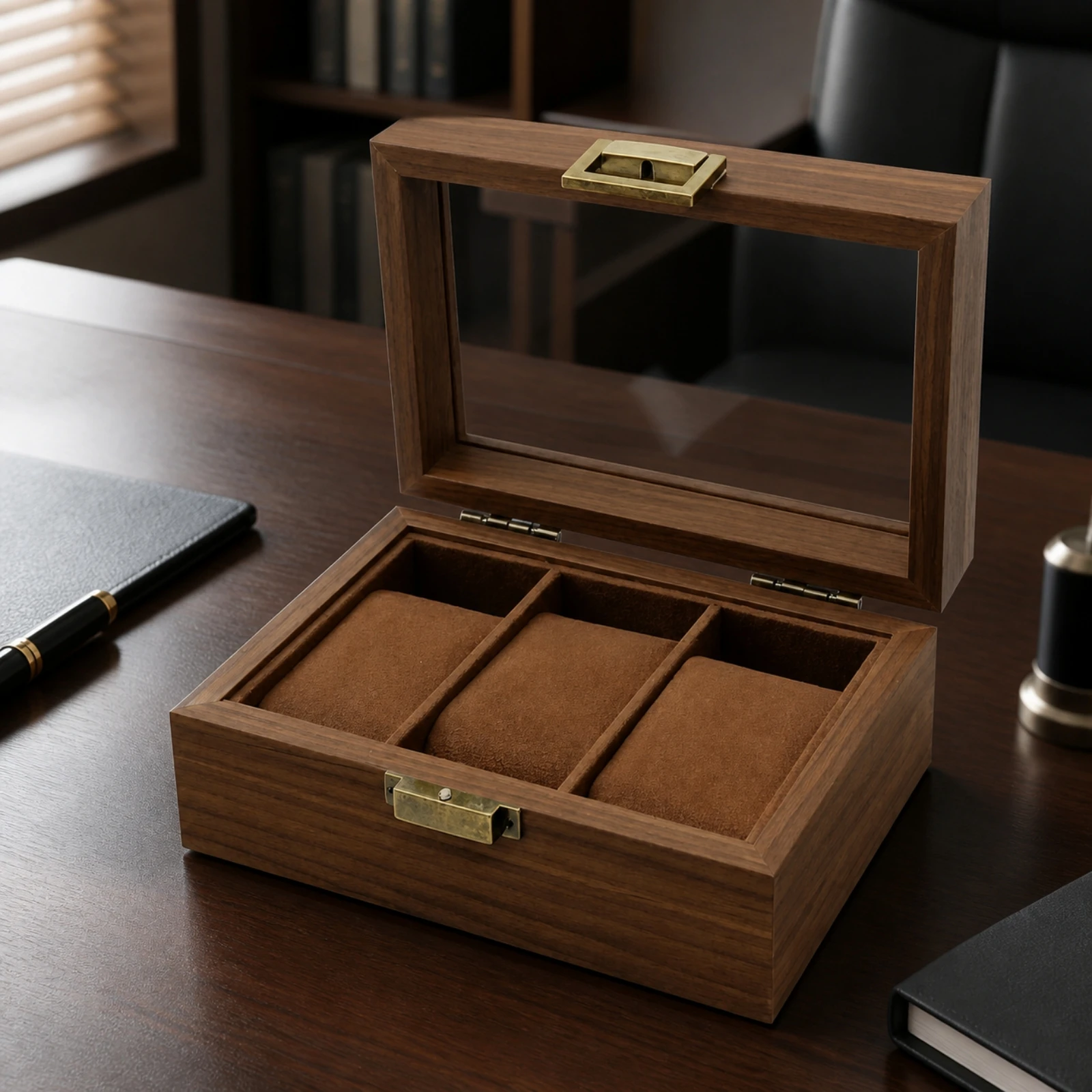3-Slot Watch Display Box with Velvet Cushions Compact Walnut Finish Watch Holder Box Sturdy Space-Saving for Dresser
