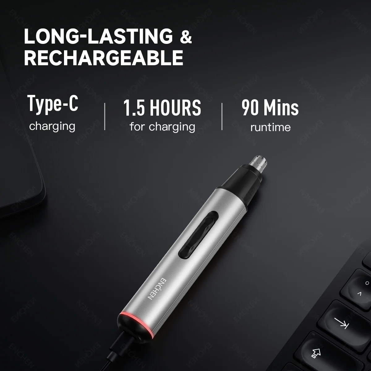 ENCHEN EN001 Aparador de pêlos profissional para nariz e orelha com cabeça de corte de aço inoxidável Porta de carregamento USB-C e luz indicadora LED