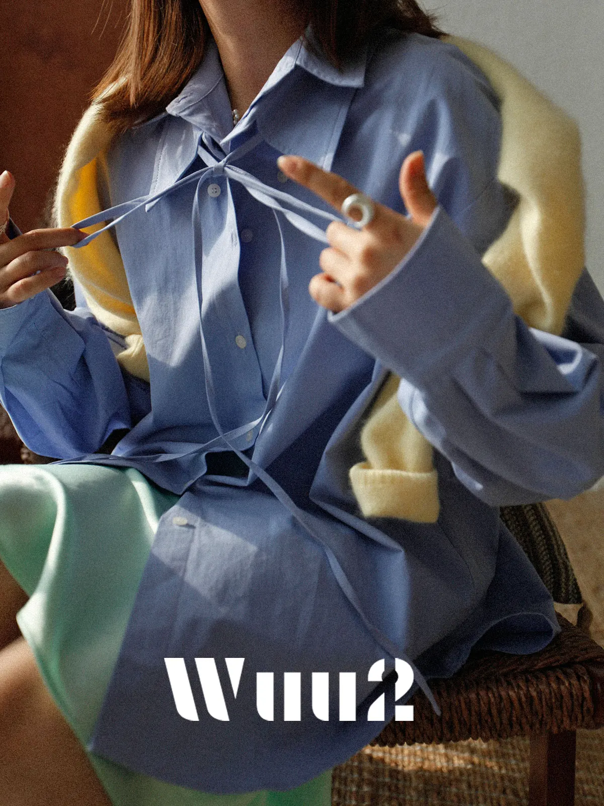 

Blue Long irt Dr Women's Loose Fit French Sle Knot Double Layer Collar Detachable Netie Wuu2 Dual Personali