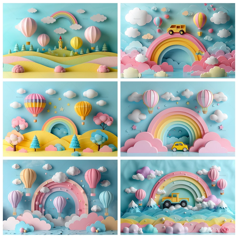 

Rainbow Hot Air Balloon Banner Backdrop Custom Newborn Kids Room Birthday Party Photography Poster Decoration Studio Background