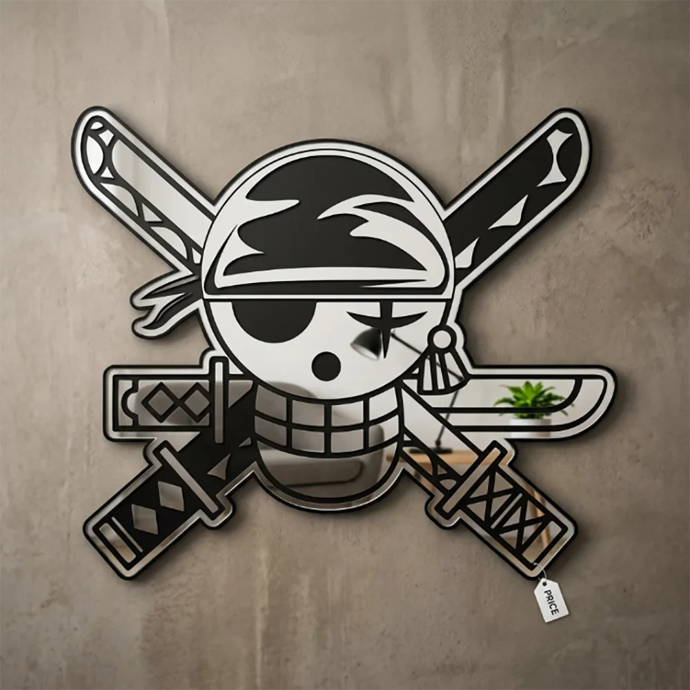 Zoro Totenkopf Jolly Roger One Piece Wandspiegel, Ästhetische Anime-Dekoration, Minimalistischer Schwarzer Umriss-Spiegel, Geschenk für Anime-Fans