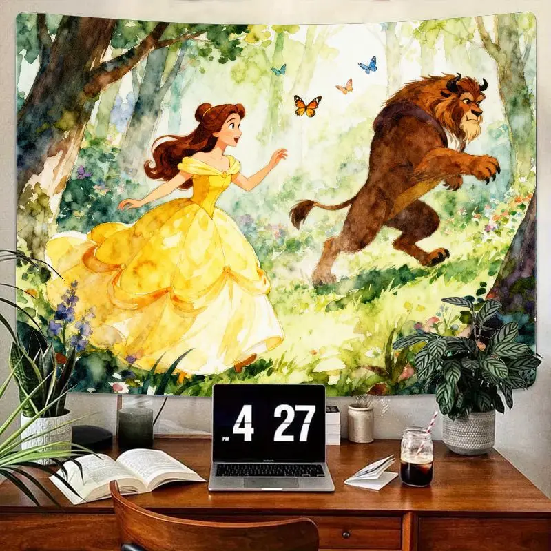 

1 шт. акварельный гобелен «Красавица и чудовище», настенное искусство «Принцесса Белль и чудовище», современный полиэстер, домашний декор, подарок для фанатов