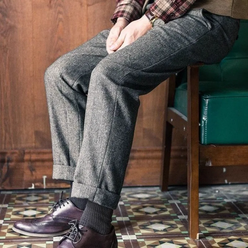 

New Autumn Winter Retro Herringbone Flanged Small Straight Leg Men's Pants Fat Plus Large Business Casual British Western Pants