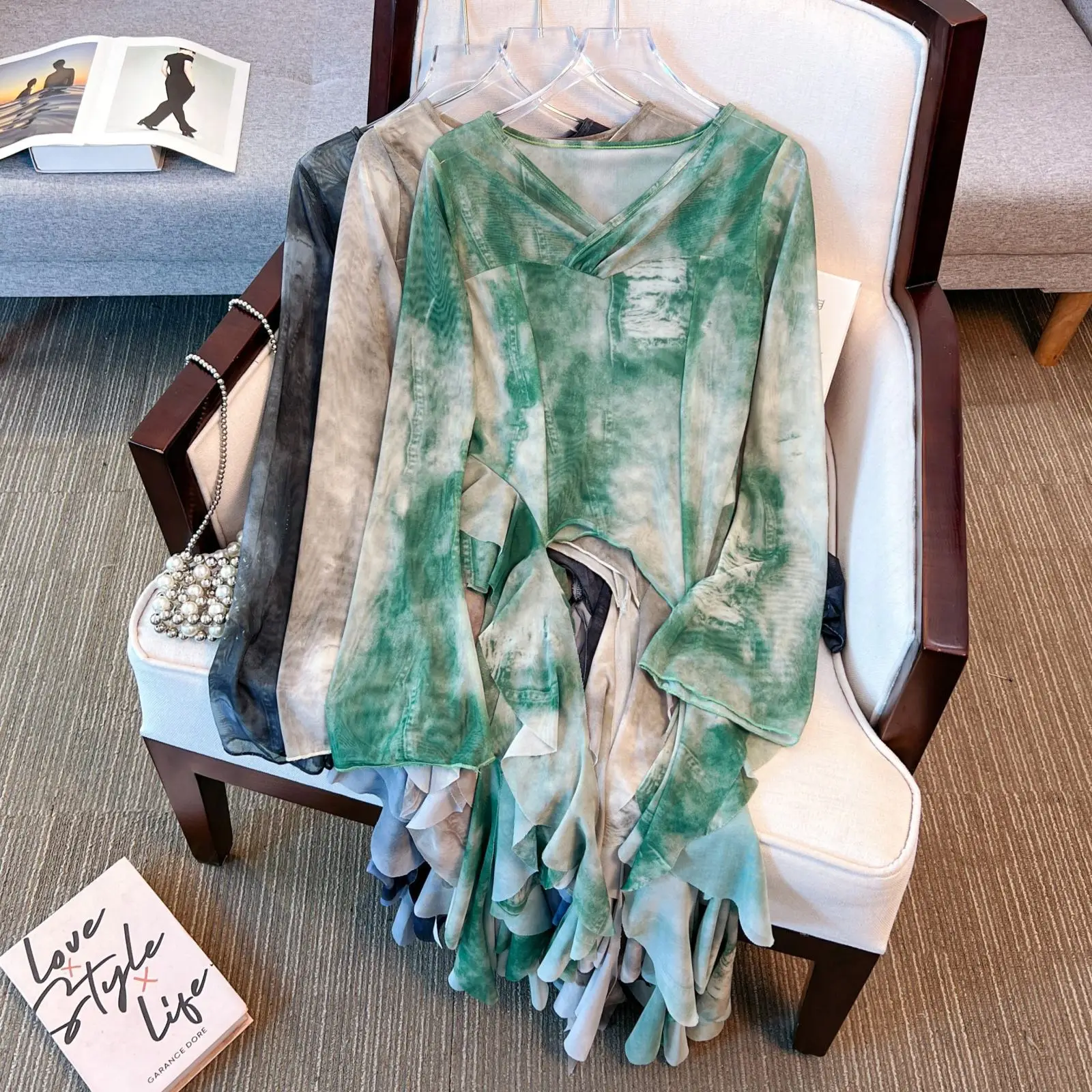 Summer Tie Dye Women's Mesh Top American Fashion Irregular Long Sleeved Tees Female V-neck Slim Fit Ruffle Sunscreen Shirts