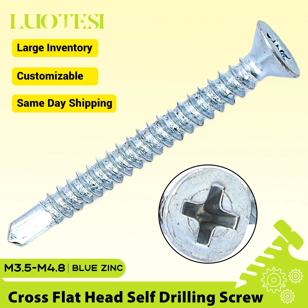 Phillips Flat Head Countersunk Self Drilling Screw Blue Zinc Steel M3.5 M4.2 M4.8 Cross Tapping Screw for Sheet Metal Wood