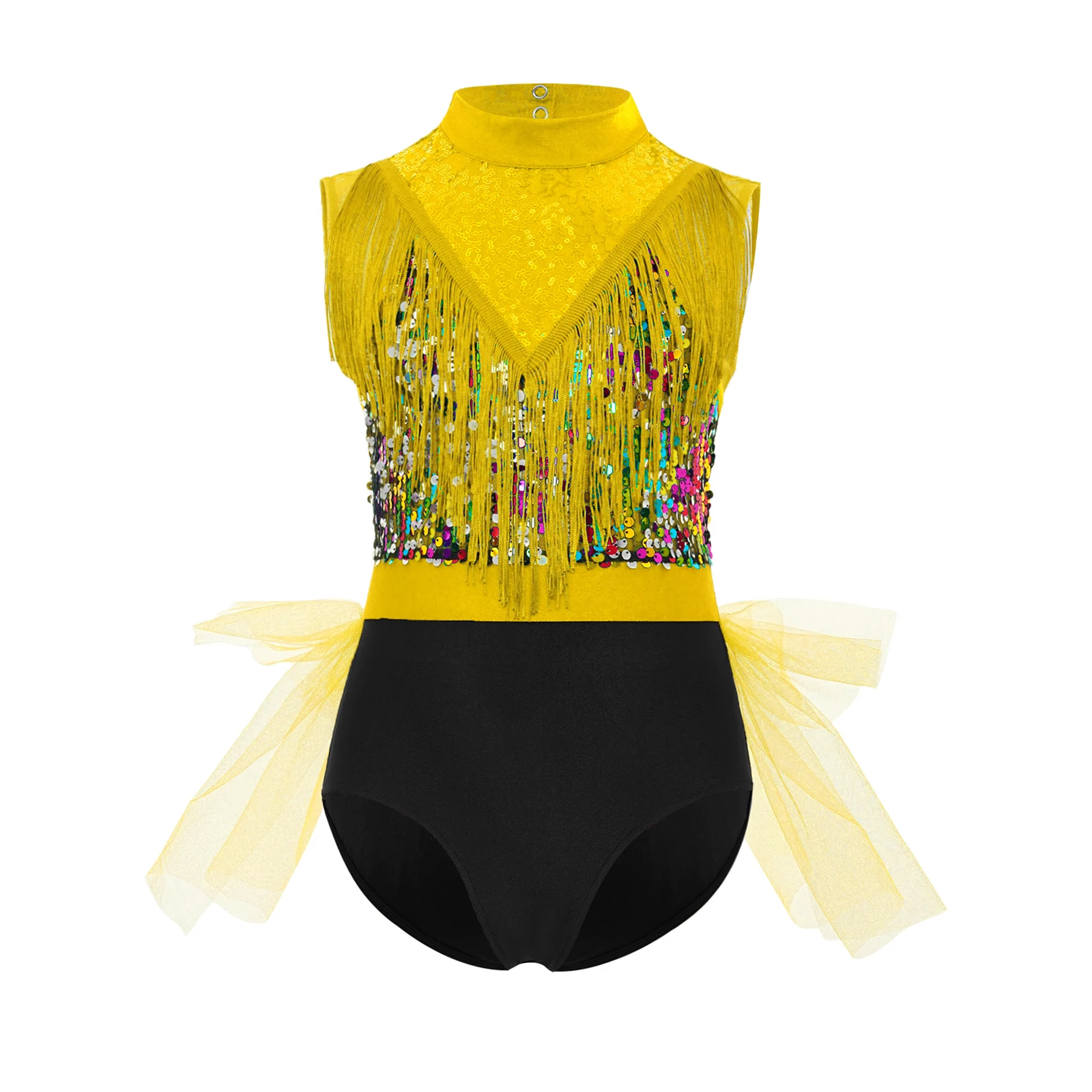 

Kids Girls Latin Jazz Stage Performance Costume Sleeveless Cutout Back Tassels Shiny Sequins Color Block Latin Dance Dress