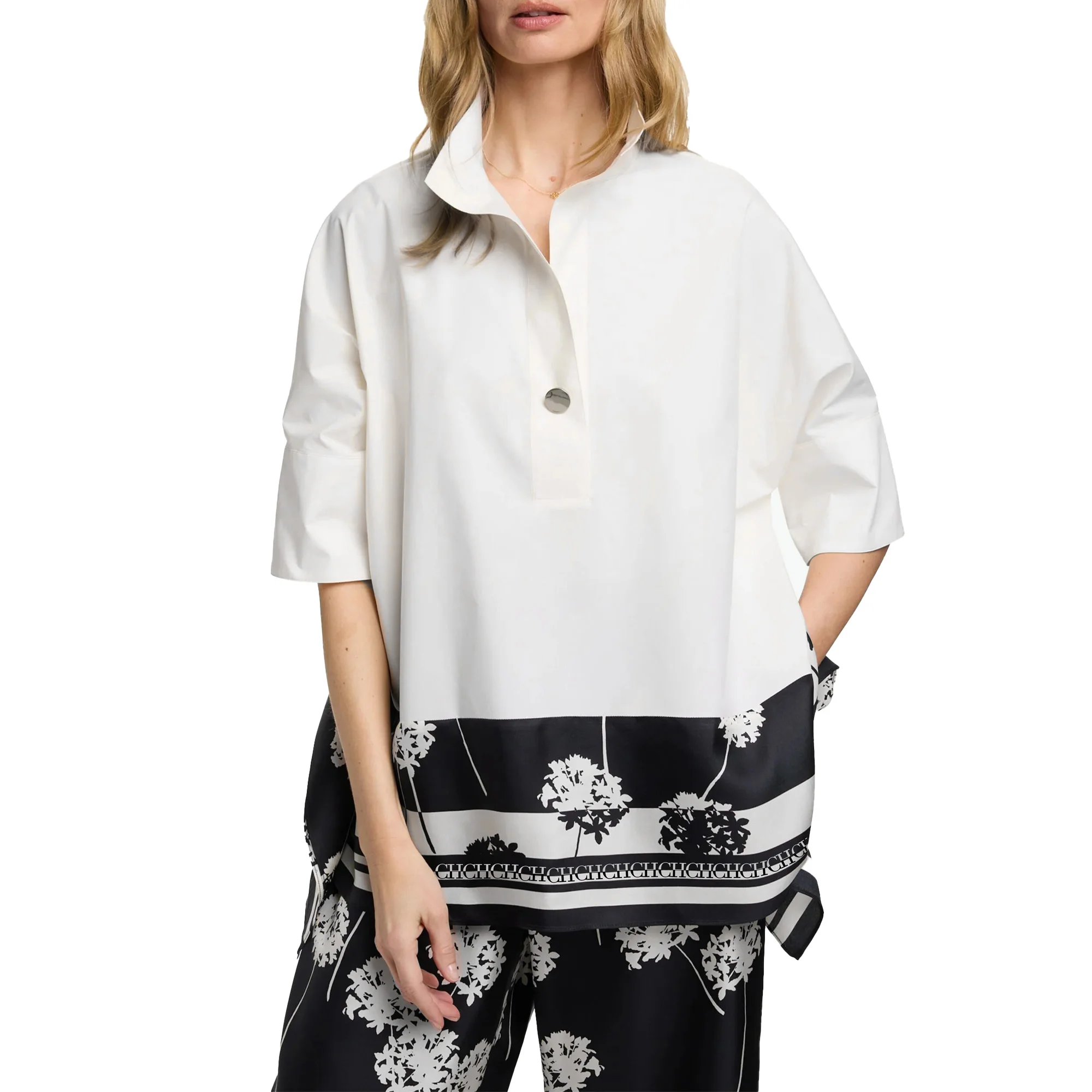 

CHCH Pullover Women Blouse Lapel Three-Quarters Sleeve Tops Loose Soft Comfortable Pactwork Fashion Irregular Female Shirts