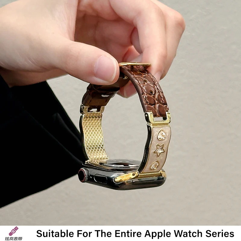 สายหนังปิดทองรูปทรงสามดาวเข้ากันได้กับ 38/40/41/42/44/45/46/49 มม. เข้ากันได้กับสาย Apple Watch Ultra/Se10/9/8