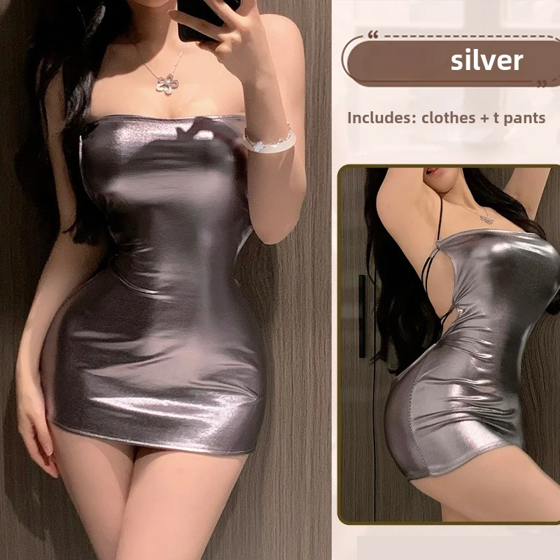 Sexy PU Dresses Women Solid Color Dress Faux Leather Clubwear Wrap Chest Dress Ladies Non-slip Short Skirt