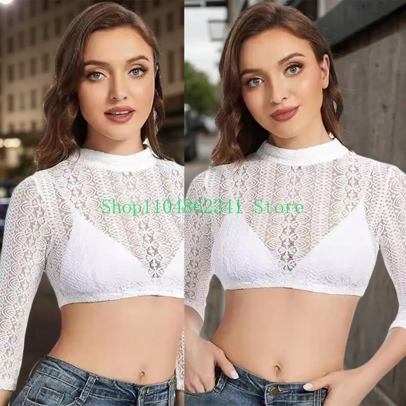 

5asd White Lace Dirndl Blouse Oktoberfest Bavarian 3/4 Sleeve Mock Neck Top for Women