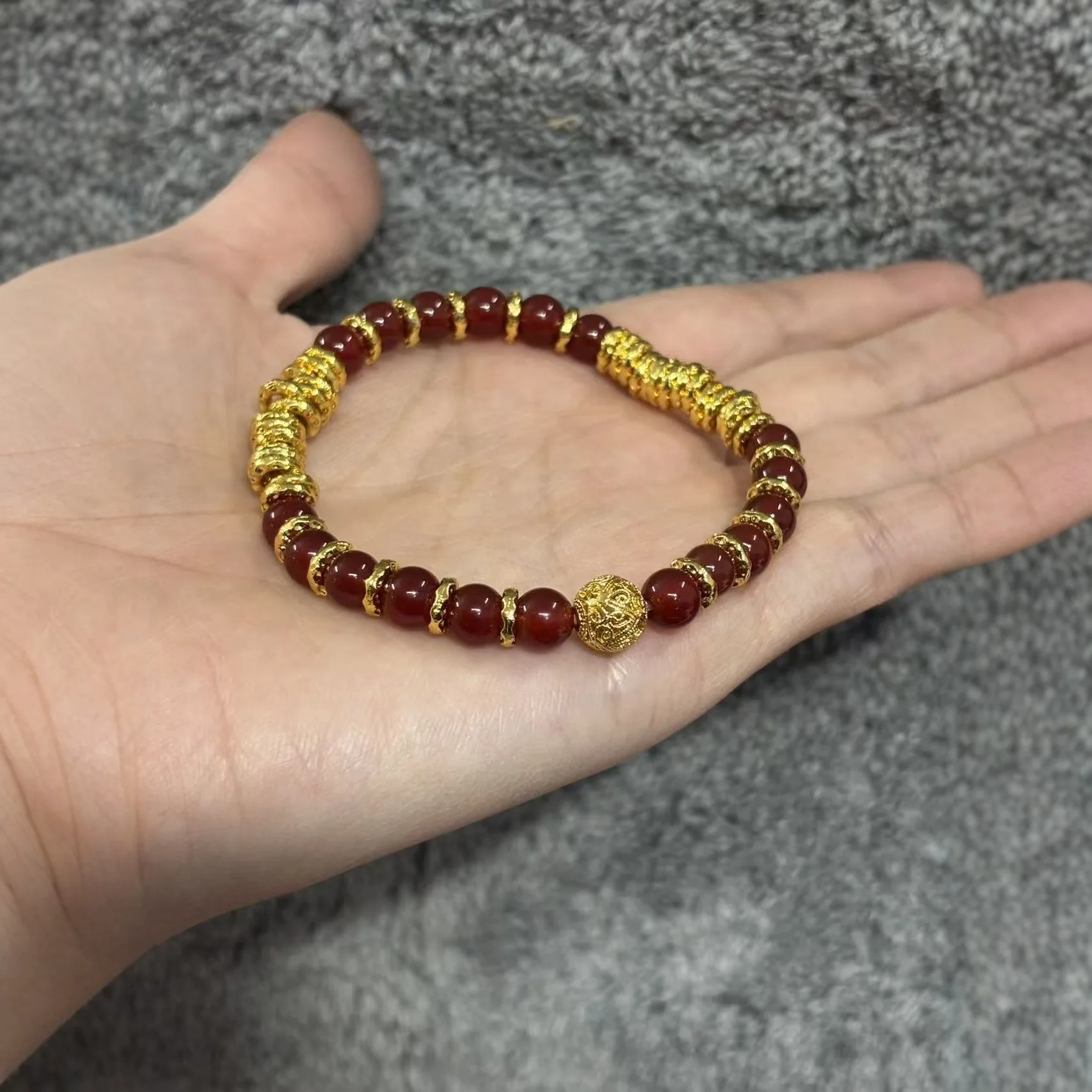 9999 Gold New Cold-Feeling Pink Agate Plate Wrapped Hand Chain Beaded Women's Small-Scale Luxury Elastic Rope Bracelet