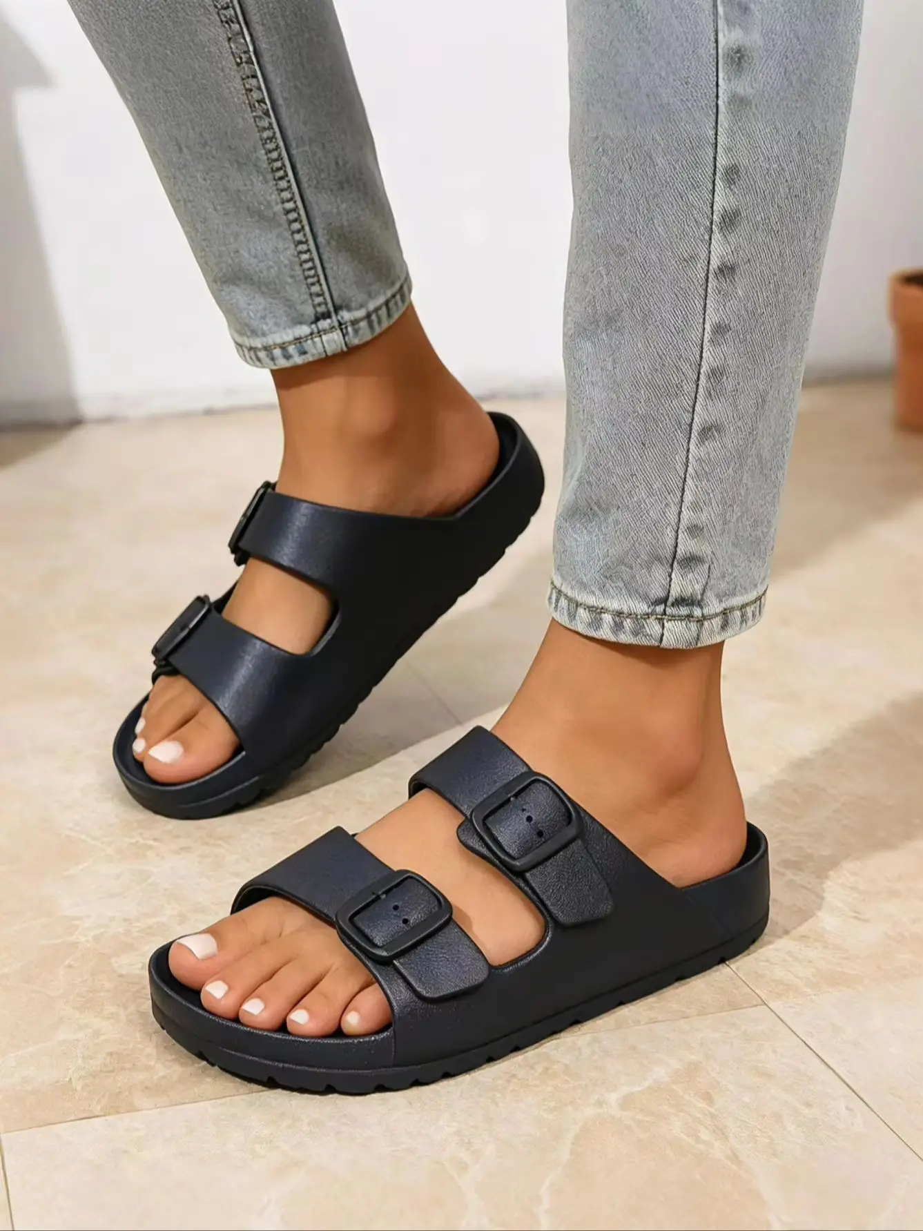 Women's couple's spring and autumn simple bohemian style EVA slip-on sandals with integrated upper, double-strap buckle, adjustable, comfortable, breathable, thick-soled, flat-heeled, suitable for both outdoor and indo