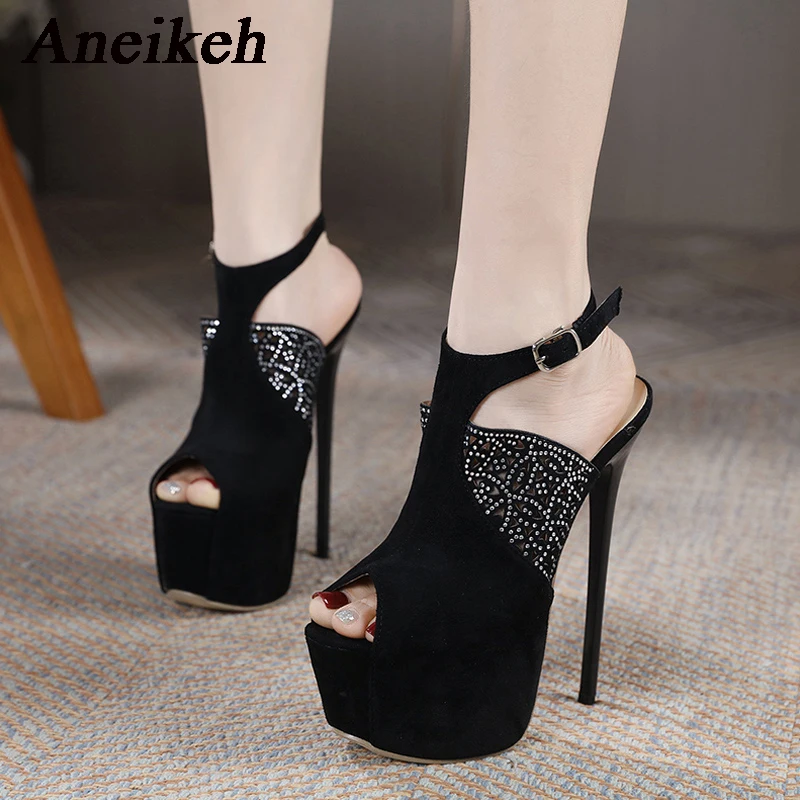 Aneikeh2024 Fashion Faux Suede Crystal Decor Super High HeelsWomen Platform Peep Toe Buckle Strap Thin Heels Sandals Party Dress