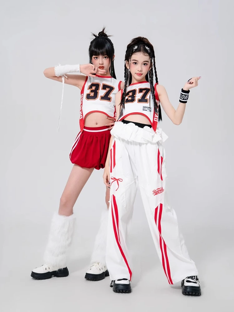 Ropa de actuación de Hip-hop para niñas, trajes de escenario K-pop, ropa de baile de Jazz, Tops cortos, falda roja, pantalones blancos, conjuntos de fiesta de grupo Rave