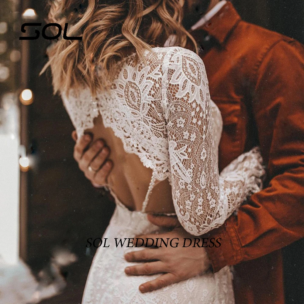 Sol Boho lange Ärmel Blumen spitze V-Ausschnitt Brautkleid Elopement hohle Scheide Mo Perlen rustikale rücken freie Meerjungfrau Brautkleid