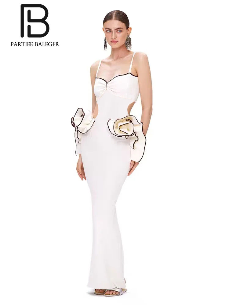 PB 2024 New Fashion Summer Sexy Women White Maxi abito lungo cinghie senza maniche 3D Stero Floral Cut Out Evening Party Club Dress