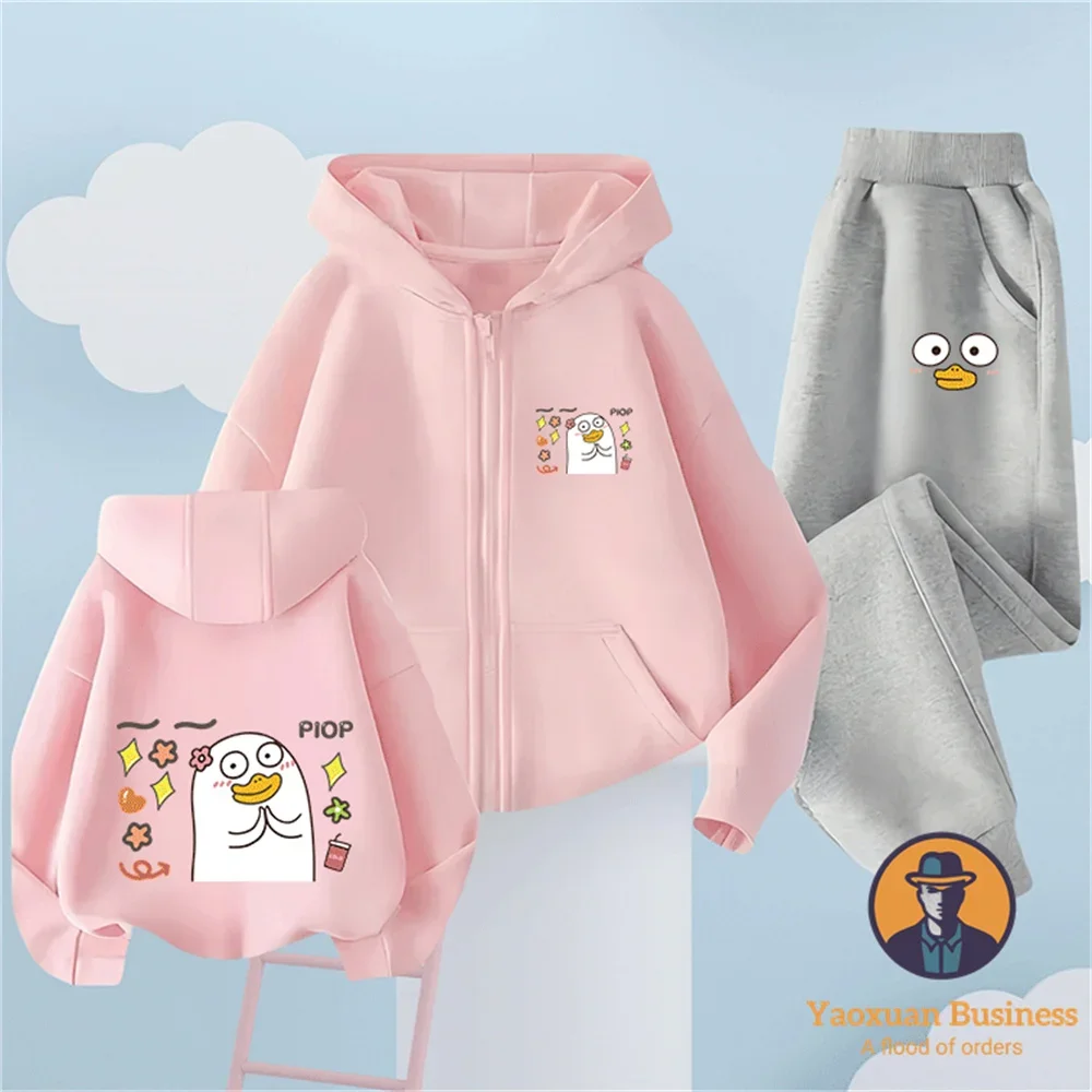 

2026 Breathable Pure Cotton Zipper Hoodie Suit Boys Girls Little Liu Duck Sweet Anime Daily Clothing